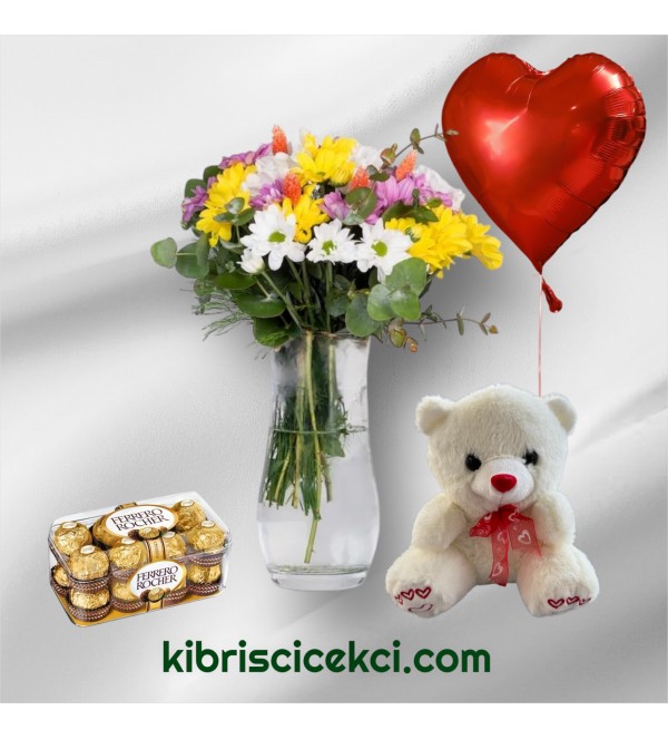 Vazoda Karışık Çiçek Ayıcık 16'lı Ferrero Çikolata Kalp Helyum Balon